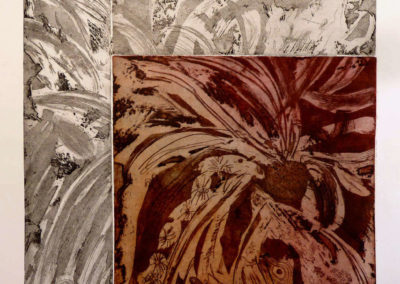 Gravure composée de plusieurs plaques. Tons gris pour les petites plaques, tons marrons - rouges pour la grande plaque