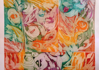 Gravure à l'eau forte en couleur, composée de plusieurs plaques. Personnages et décors. Couleurs rouge, orange, jaune, verts, violet