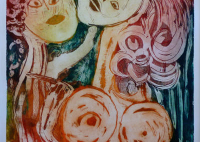 Gravure à l'eau forte en couleur - deux personnages.