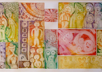 Gravure à l'eau forte en couleur composée de 10 plaques de tailles différentes. Thème : personnages.