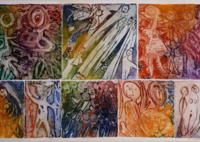 Gravure à l'eau forte en couleur composée de 8 plaques différentes. Thème : personnages.