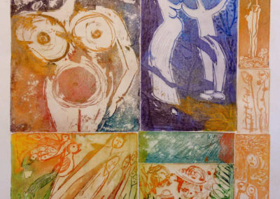Gravure à l'eau forte en couleur composée de 7 plaques. Thème : personnages. Tons plutôt clairs presque pastels, c'est un deuxième tirage. Couleurs : jaunes, oragnes, rouges, verts, bleus, violets.