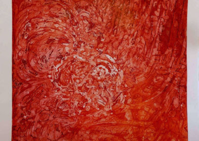 gravure à l'eau forte en couleurs. Tons rouges oranges